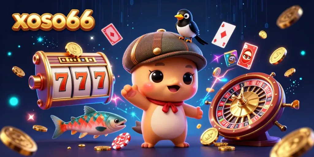 Experience thrilling entertainment with xoso66 in this vibrant 3D scene featuring animated characters and casino elements.