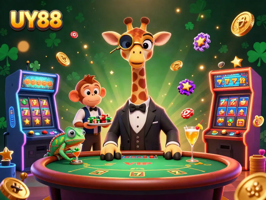 Experience UY88's vibrant gaming energy with a high-roller giraffe and lively gaming elements in a casino scene.