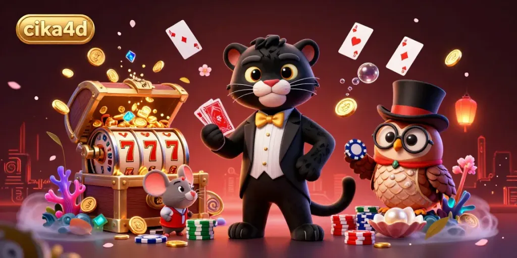 Immerse in the thrilling world of cika4d where a black panther elegantly deals cards amidst slot machines and vibrant casino elements.