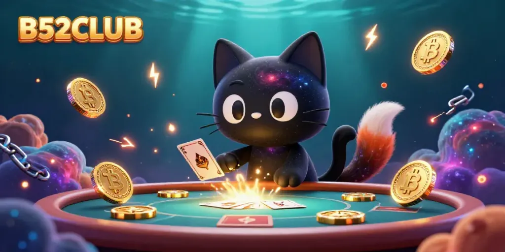 Engage with B52CLUB in this vibrant cosmic casino scene featuring a black hole cat attracting gold coins.