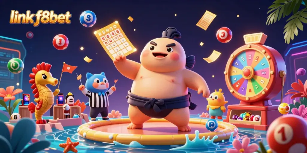 Experience the excitement of link f8bet with a dynamic underwater casino scene filled with colorful lottery elements.