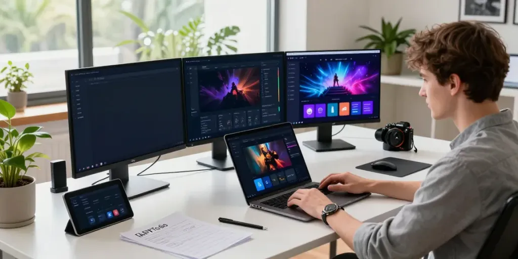 Developer at a modern workspace showcasing APKTodo's innovative app features.