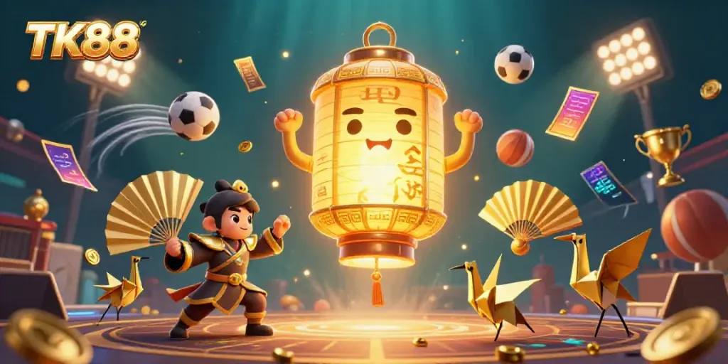 Experience the vibrant casino atmosphere with TK88’s golden lantern spirit and dynamic sports betting elements.