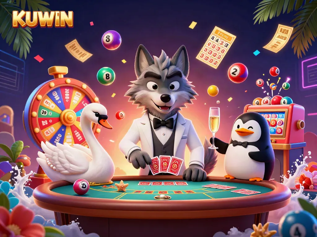 Engaging KUWIN casino scene featuring a cartoon wolf, swan, and penguin amidst vibrant gaming elements.