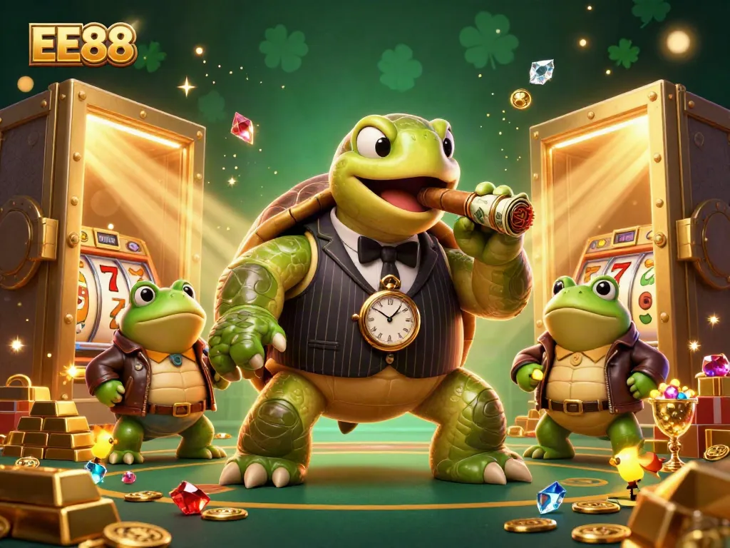 Experience the vibrant world of EE88 with a 3D cartoon scene filled with casino elements and characters.
