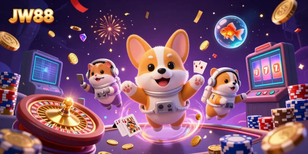 Engage with JW88's thrilling casino experience featuring floating corgis, golden coins, and a hamster in action!