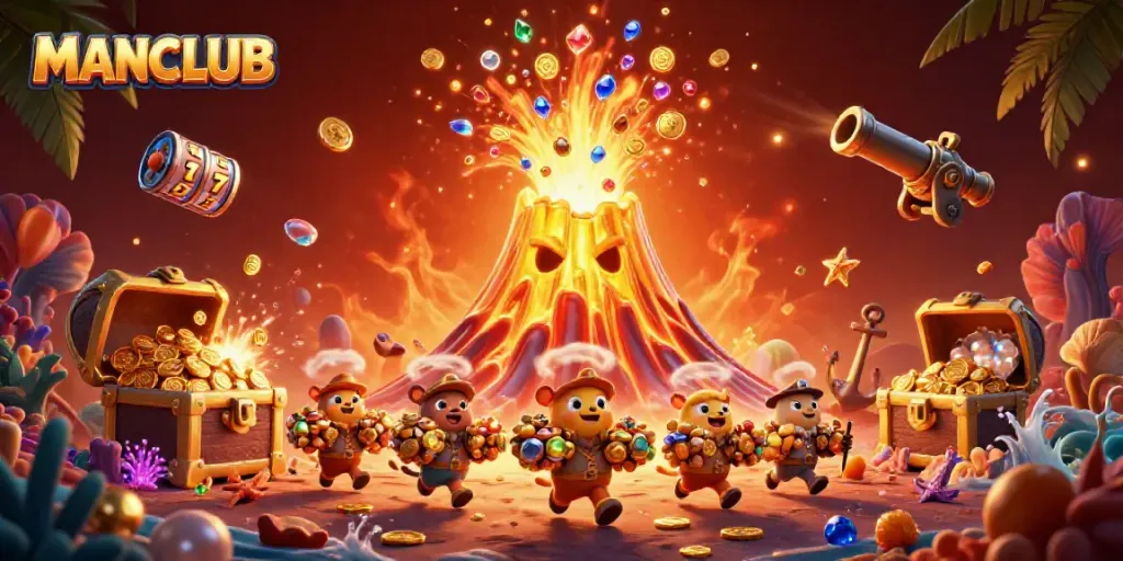 Spin the MANCLUB jackpot with vibrant cartoon characters in a treasure-filled casino scene.