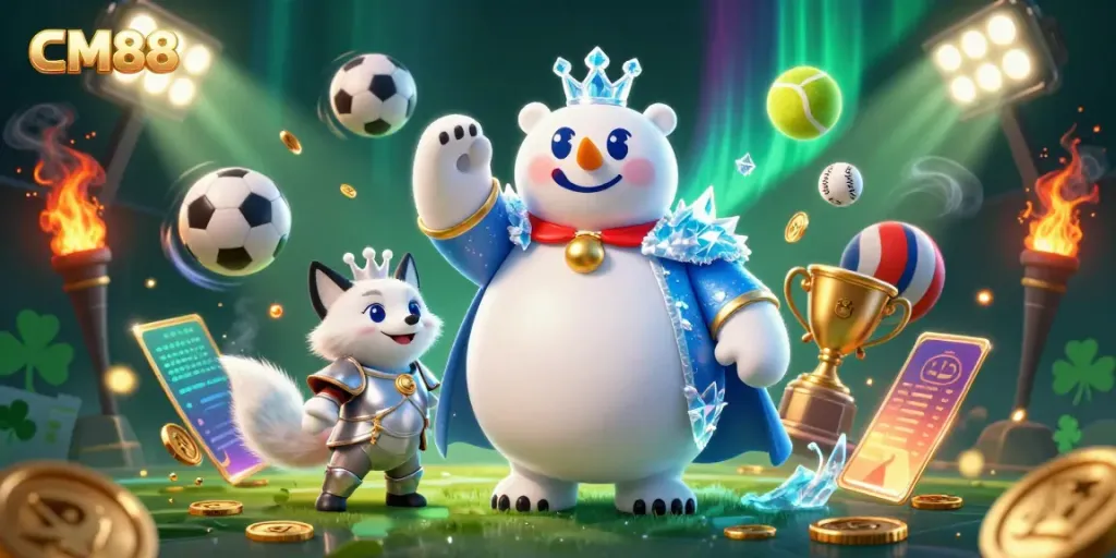 Engage in thrilling gameplay at CM88, featuring a polar bear king and silver fox amid vibrant gaming elements.