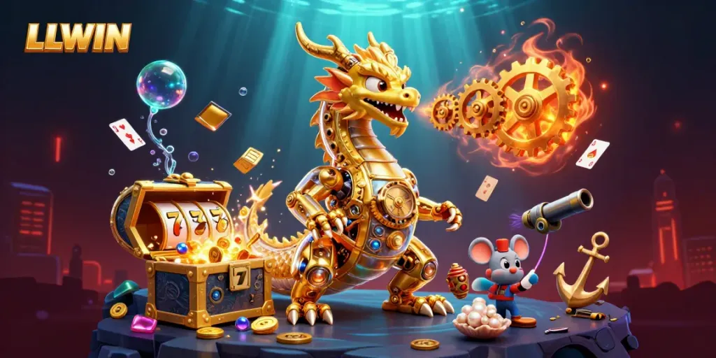 Experience the thrilling world of LLWIN with a golden dragon and vibrant slot elements.