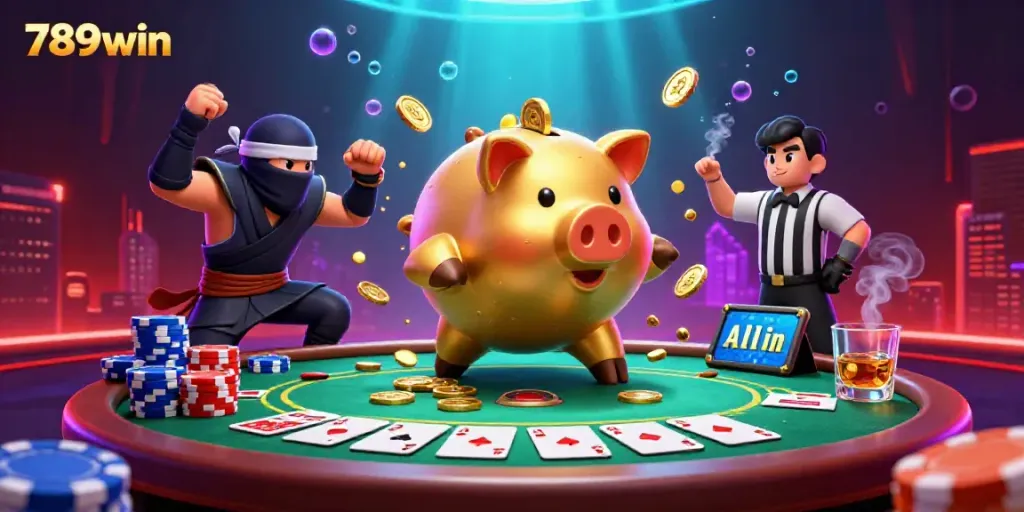 Engage with the vibrant 789win scene featuring a golden piggy bank sumo wrestler amidst swirling poker elements.