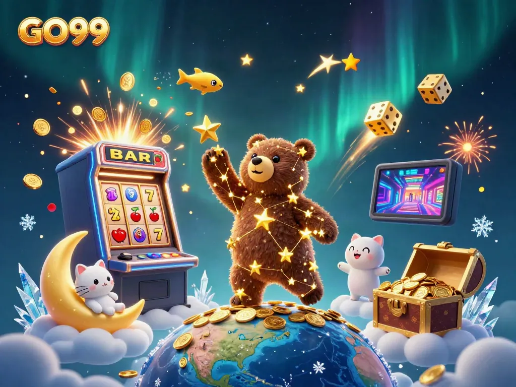 Experience thrilling gaming action with GO99's vibrant casino scene, featuring a jackpot explosion and dynamic characters.