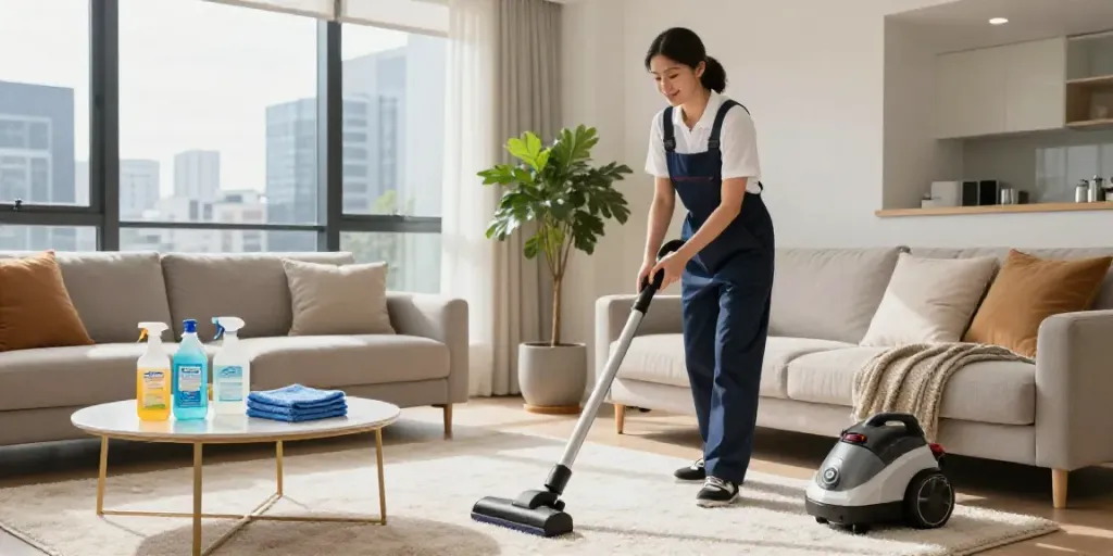 End of lease cleaning Melbourne in a bright living room with a professional cleaner vacuuming carpets and eco-friendly supplies.