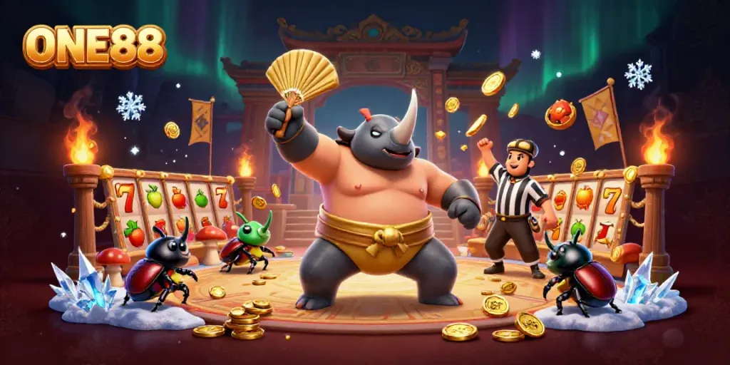 Engaging cartoon illustration of ONE88 featuring a rhinoceros beetle champion in a thrilling casino setting.