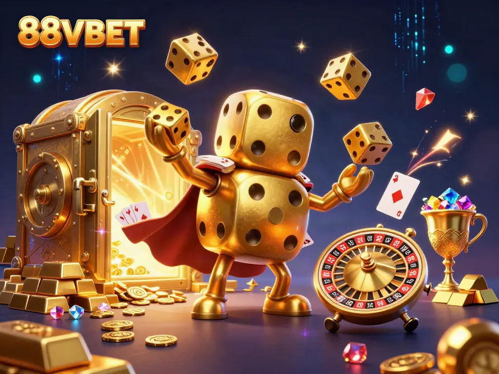 Engage with 88VBET's vibrant 3D casino experience featuring a dice golem and shimmering treasures.