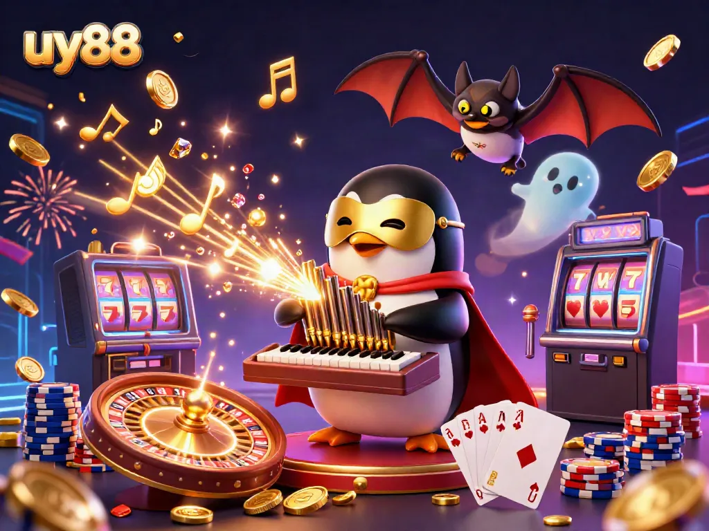 Experience thrilling wins at uy88 with the enchanting casino scene featuring a penguin playing an organ