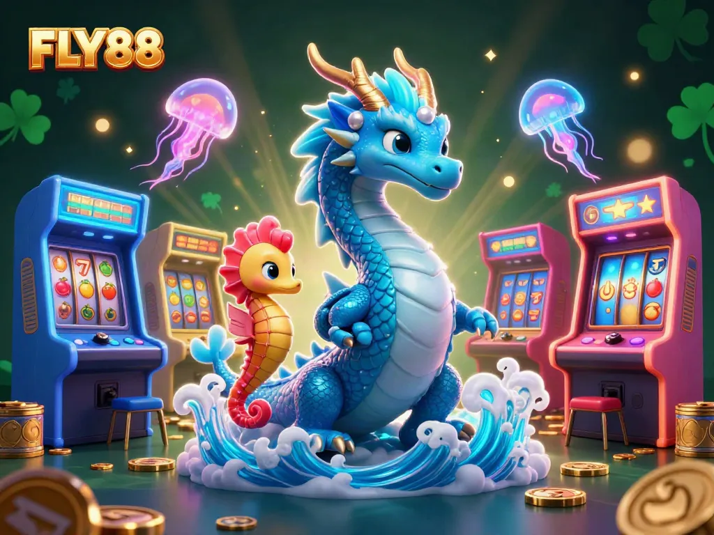 FLY88 showcases a vibrant 3D casino illustration with a water dragon and arcade games.