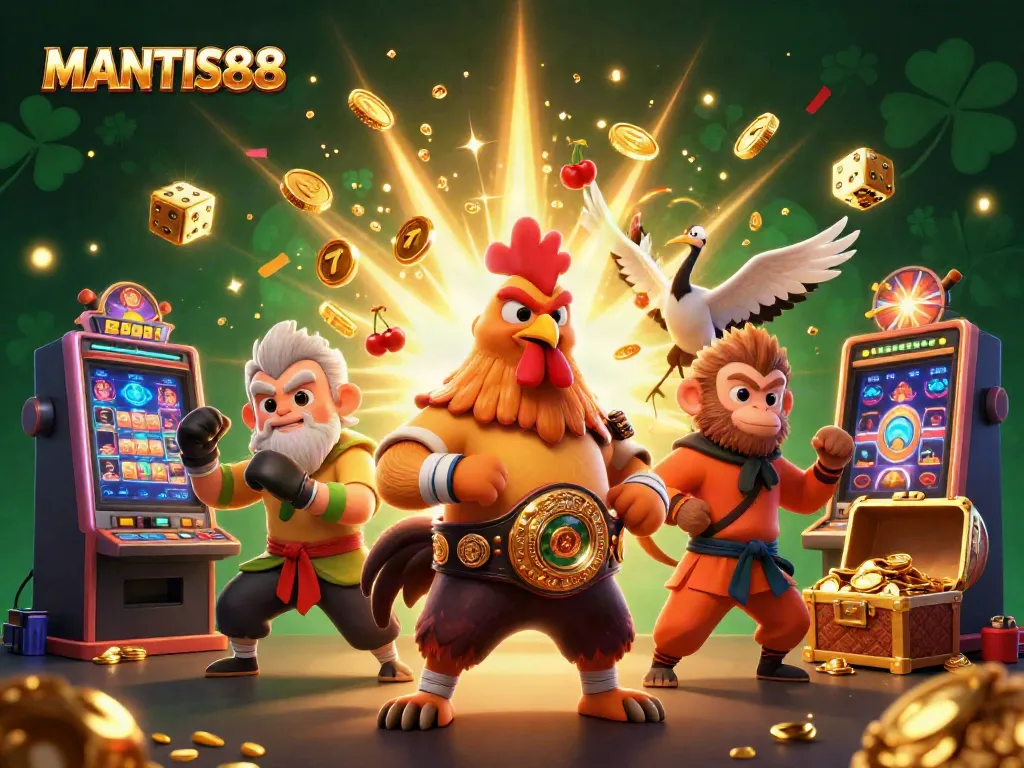 Experience MANTIS88 with a vibrant scene featuring classic casino elements and 3D characters amidst a jackpot explosion.