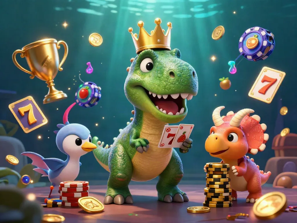 Engage in thrilling gaming at BJ77 with a whimsical T-Rex shuffling cards, pterodactyl assisting, and triceratops stacking chips.