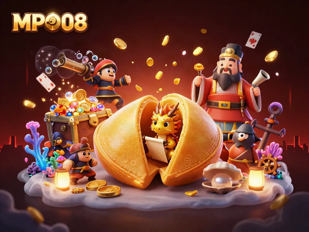 Engage with the MPO08 casino adventure featuring a golden fortune cookie and floating treasures.