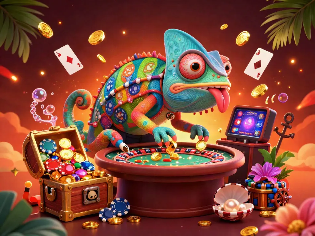 DA88 casino illustration featuring a colorful chameleon owner amidst treasure and gaming elements.