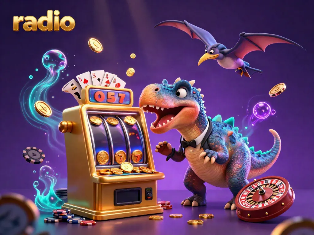 Exciting scene of a cartoon pachycephalosaurus hitting a slot machine, radiating jackpot coins surrounded by casino elements, alluding to radio themes.
