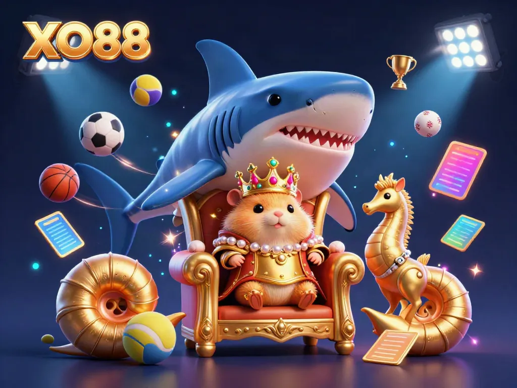 Experience vibrant action at XO88 with a golden hamster king and dynamic sports elements in a thrilling online casino.