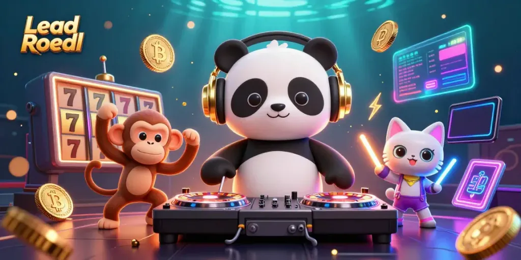 Engage with Lead Roedl in a colorful casino scene featuring a DJ panda and dancing animals.