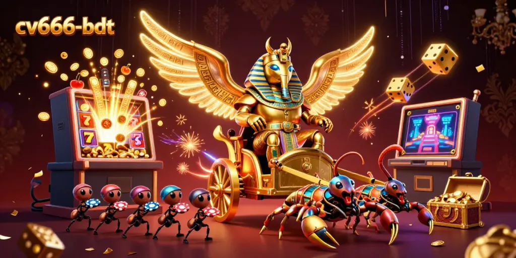 Engage with cv666-bdt's vibrant gaming scene featuring a golden scarab beetle and exciting casino elements.