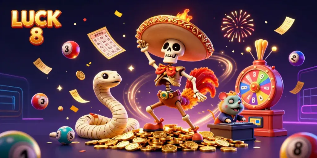 Experience the excitement of LUCK 8 with a vibrant scene of animated characters celebrating casino wins, showcasing various game elements.
