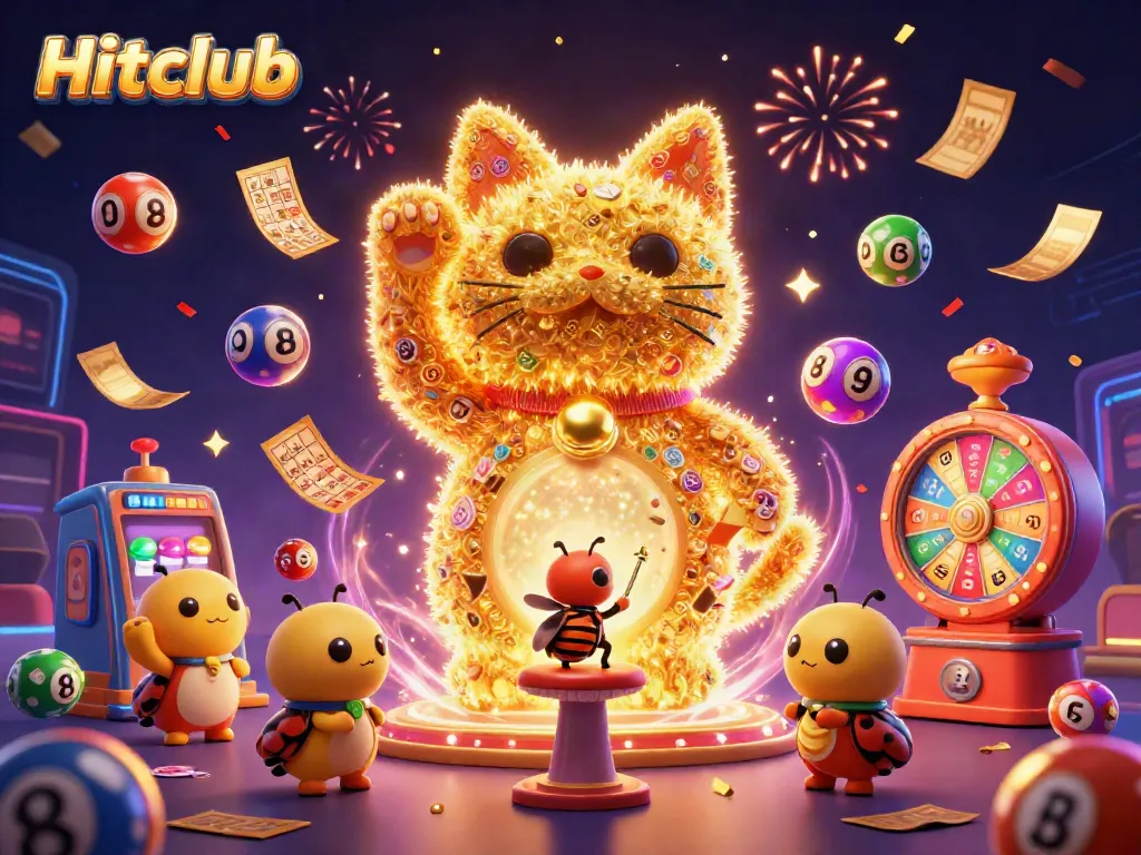 Engage with Hitclub through a vibrant casino-themed 3D illustration featuring games and lucky symbols raining down.