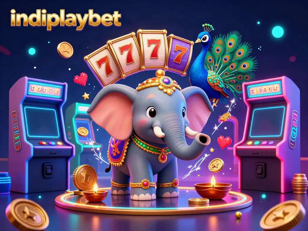 Serunya permainan indoplaybet dengan gajah dan burung merak berhiaskan lampu minyak dan pola rangoli di latar belakang.