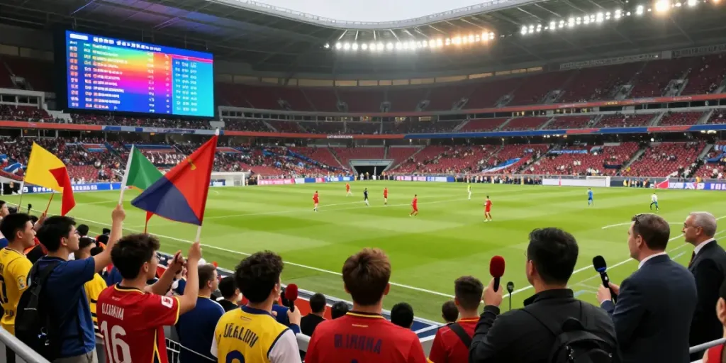 ข่าวซื้อขายนักเตะ in a lively stadium atmosphere with fans celebrating transfer updates.