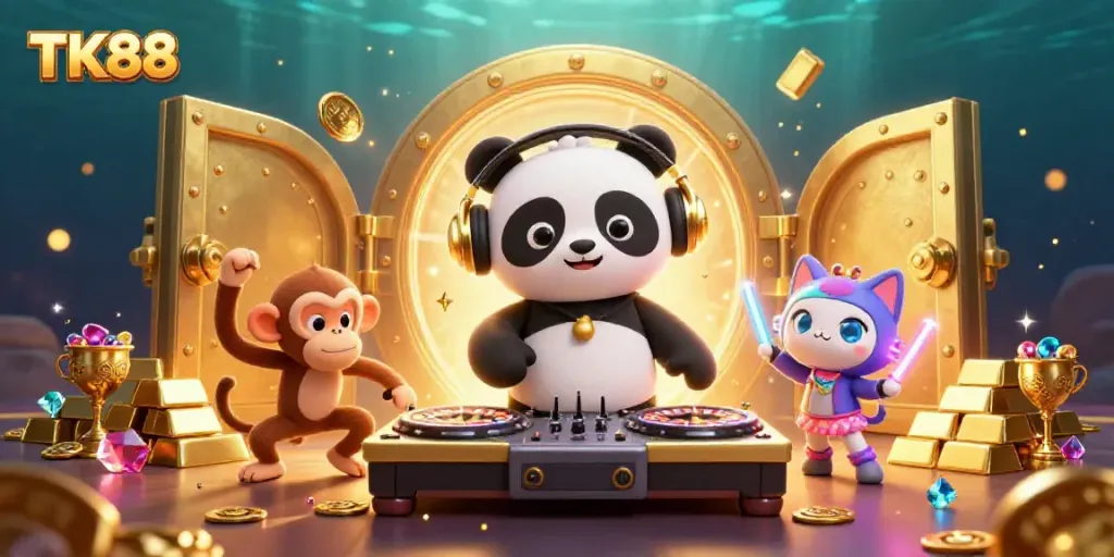 Experience the thrill of winning at TK88 with vibrant casino elements and animated characters in a dynamic setting.