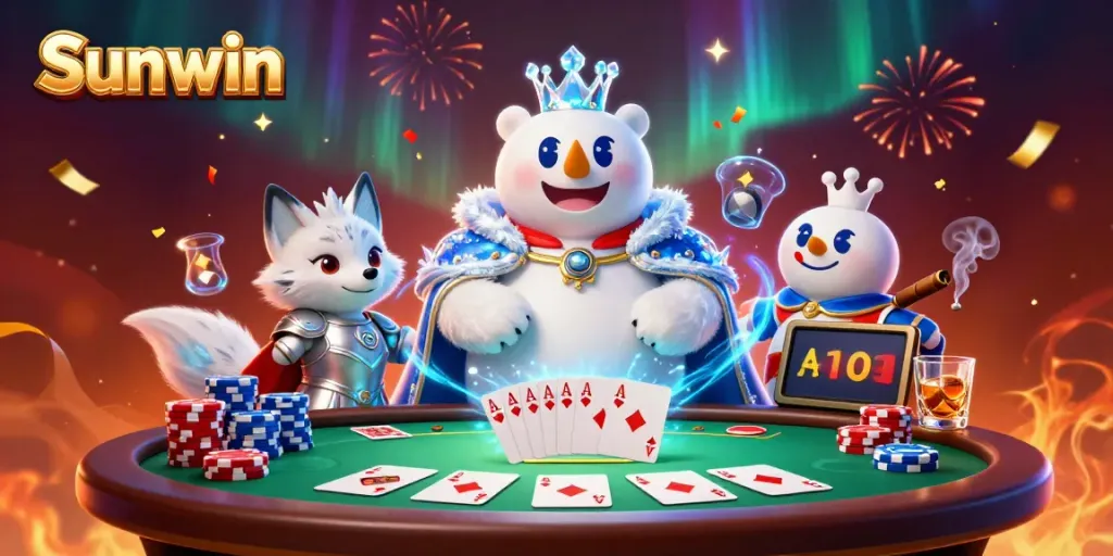 Experience the thrill of Sunwin's poker showdown with vibrant characters and casino elements.