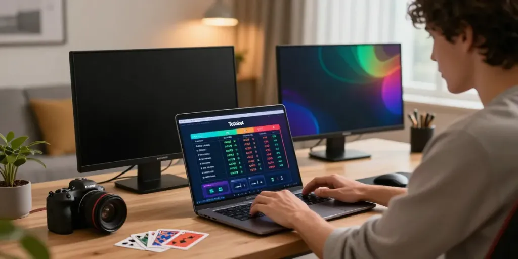 Engaging Totobet online betting experience featuring a user with laptop and smartphone