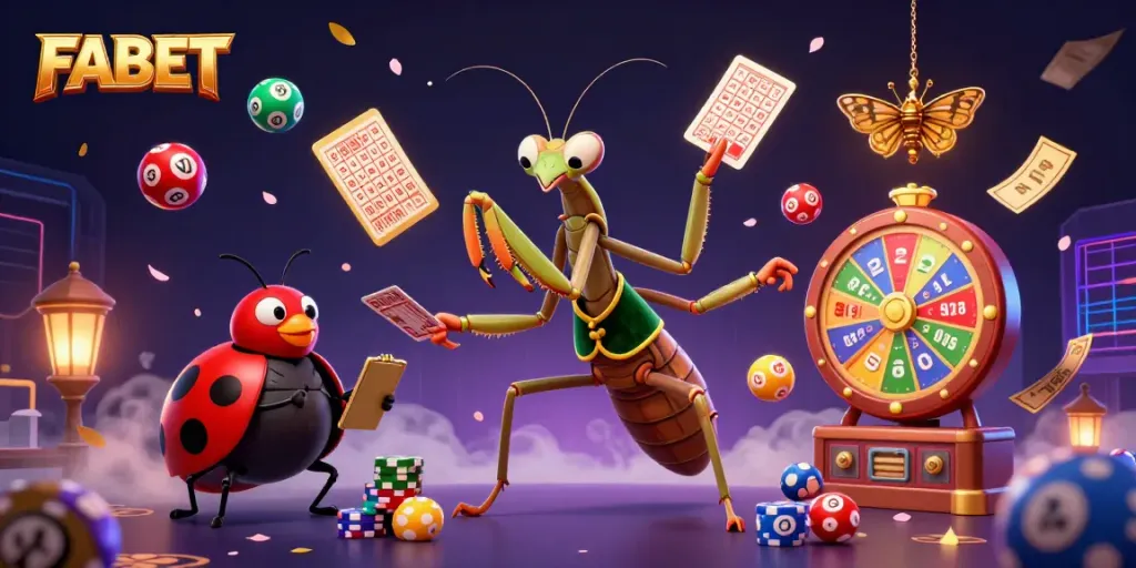 FABET brings excitement with a dynamic casino scene featuring a cartoon mantis and ladybug engaging in betting activities.