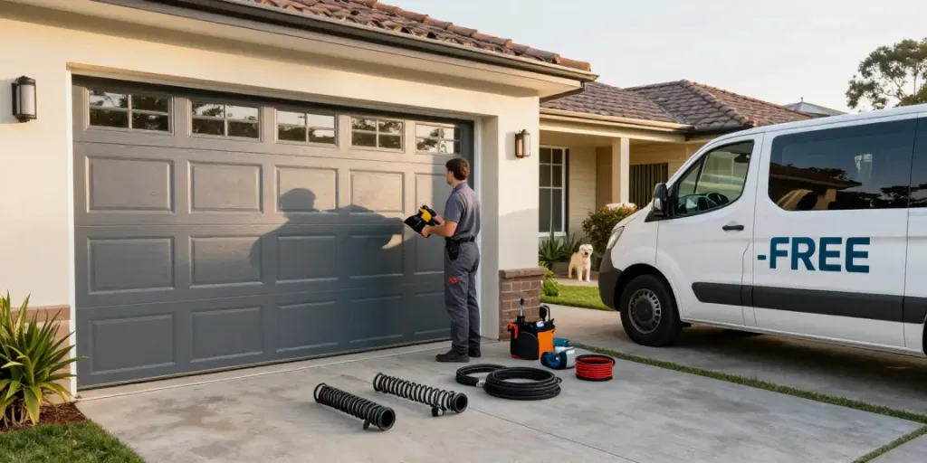 Garage door fitters inspecting a garage door repair in Perth