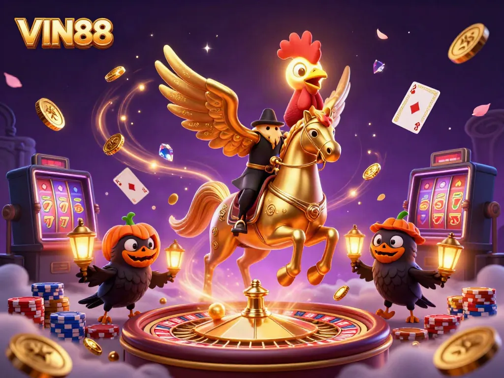 Experience the thrill of VIN88 as golden rooster rides through a vibrant casino scene.