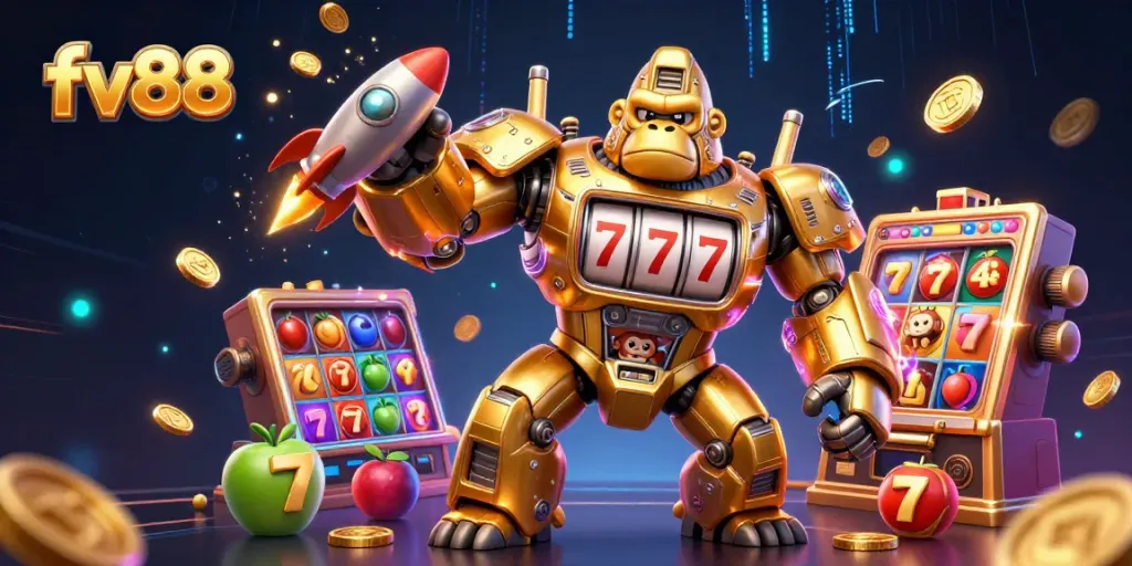 Experience the excitement of fv88 with dynamic slot game action featuring a golden gorilla mech.