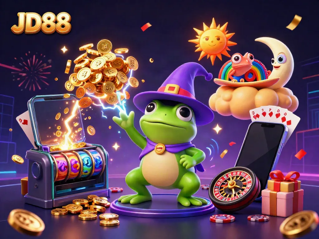 Experience thrilling gameplay with JD88, featuring a whimsical storm of coins and vibrant casino elements.