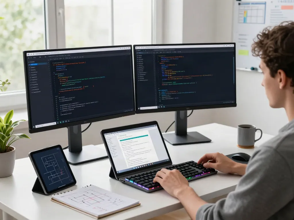 Developer at modern workspace coding v2rayN官网 software tool, showcasing tech-focused environment.