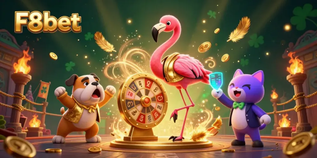 Engage with F8bet's dynamic gaming experiences through vibrant visuals of a casino-themed prize wheel.