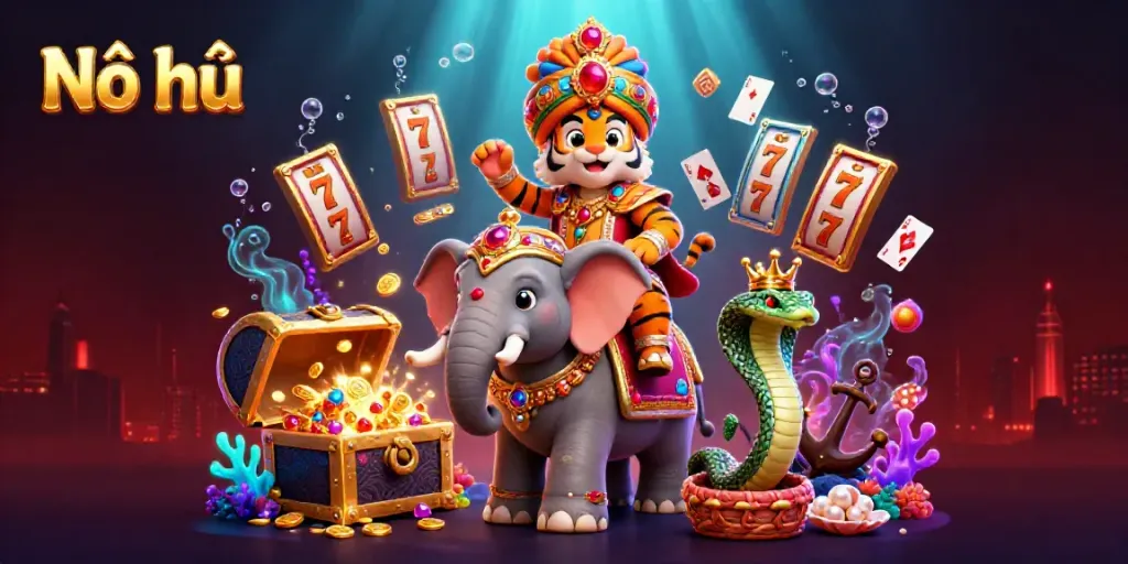 Nổ hũ scene featuring an ornate Indian maharaja tiger and jewel-encrusted elements amidst slot reels and treasure.