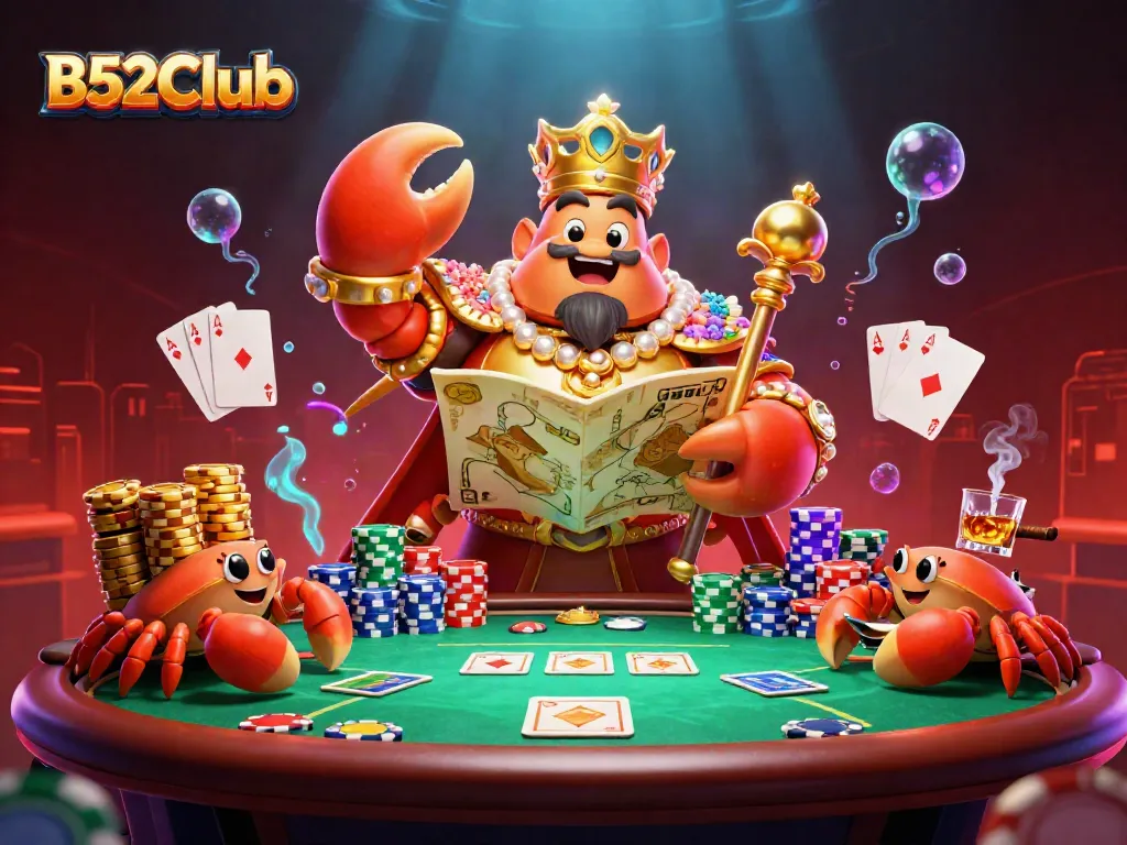 Engage in thrilling gameplay at B52Club with a mighty crab emperor overseeing vibrant poker dynamics.