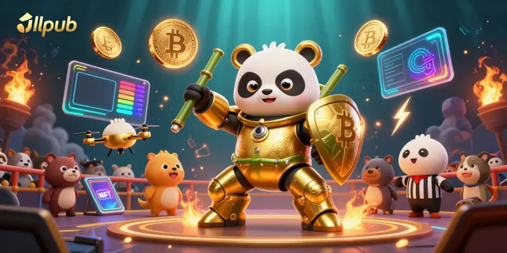Experience Jlpub's vibrant gambling world with a golden panda in a mech-suit battling in a high-energy arena.