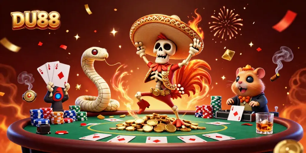 Experience the vibrant celebration at DU88 with a mariachi rooster and party elements at a poker table.