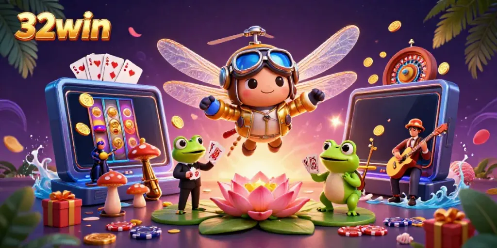 Experience the vibrant world of 32win with a dragonfly pilot and frog croupier in a lively casino scene.