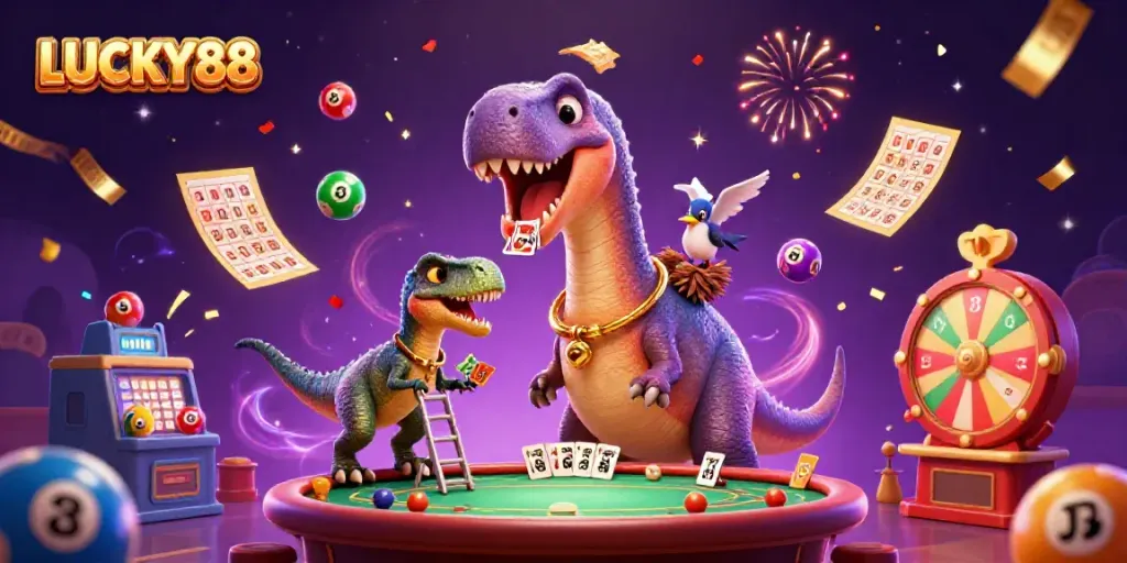 Experience LUCKY88 excitement with a vibrant 3D illustration featuring lively casino elements and whimsical characters.