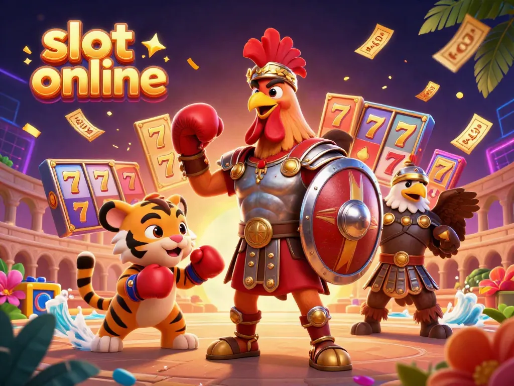 Experience thrilling action with slot online, featuring a gladiator rooster and vibrant game elements.
