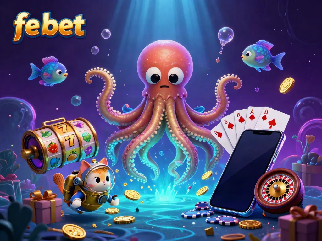 Engage in thrilling gameplay with the vibrant fe bet casino scene featuring a kraken and diving cat.